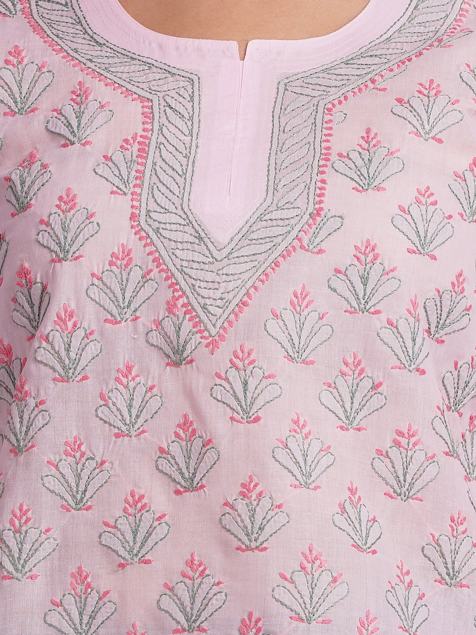 Karigiri Pink Lucknowi Chikankari Hand Embroidered Pure Cotton Straight Hip-Length Short Kurti, 3/4 Sleeve, Ethnic Casual Wear for Women