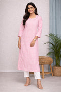 Karigiri Women’s Pure Soft Cotton Kurti, Blush Pink with Lucknowi Chikankari Embroidery, Straight Fit, Round Neck, 3/4 Sleeves