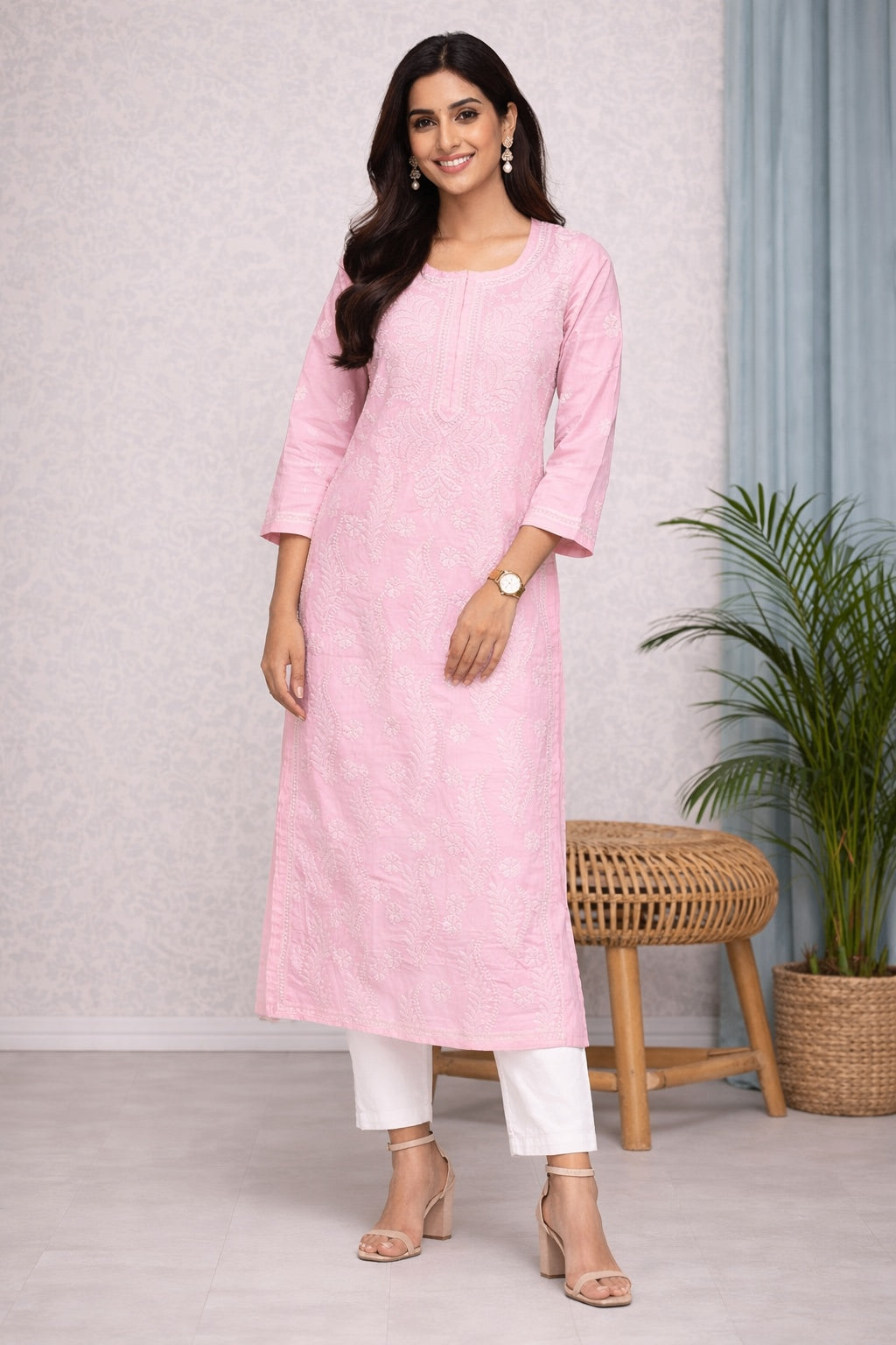 Karigiri Women’s Pure Soft Cotton Kurti, Blush Pink with Lucknowi Chikankari Embroidery, Straight Fit, Round Neck, 3/4 Sleeves