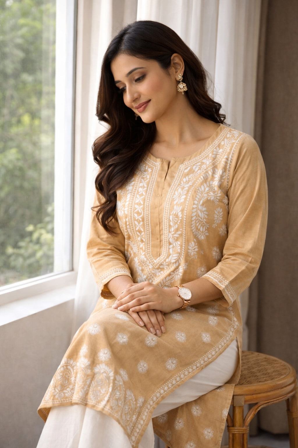Karigiri Beige Chikankari Cotton Kurta for Women_KF0102