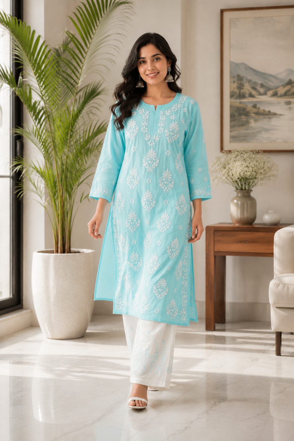 Karigiri Powder Blue Chikankari Cotton Kurti_KF0159