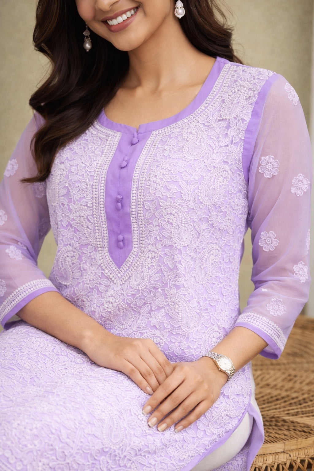 Karigiri Lavender Chikankari Front Allover work Georgette Kurti Women_KF0109