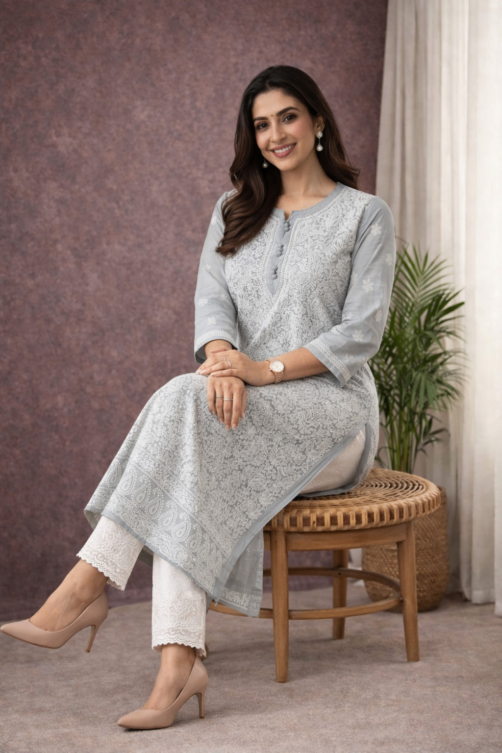 Karigiri Grey Georgette Chikankari Jaaldar Kurti_KF0038