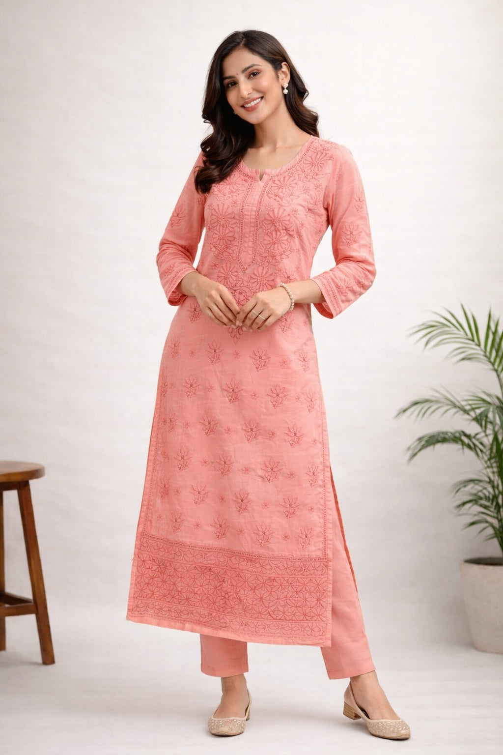Karigiri Peach Chikankari Cotton Kurti for Women_KF0093