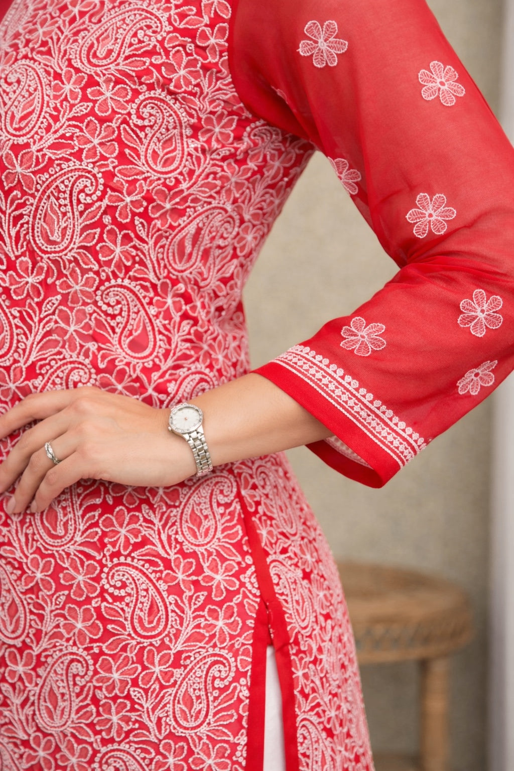 Karigiri Red Georgette Chikankari Kurti Jaaldar work_KF0172