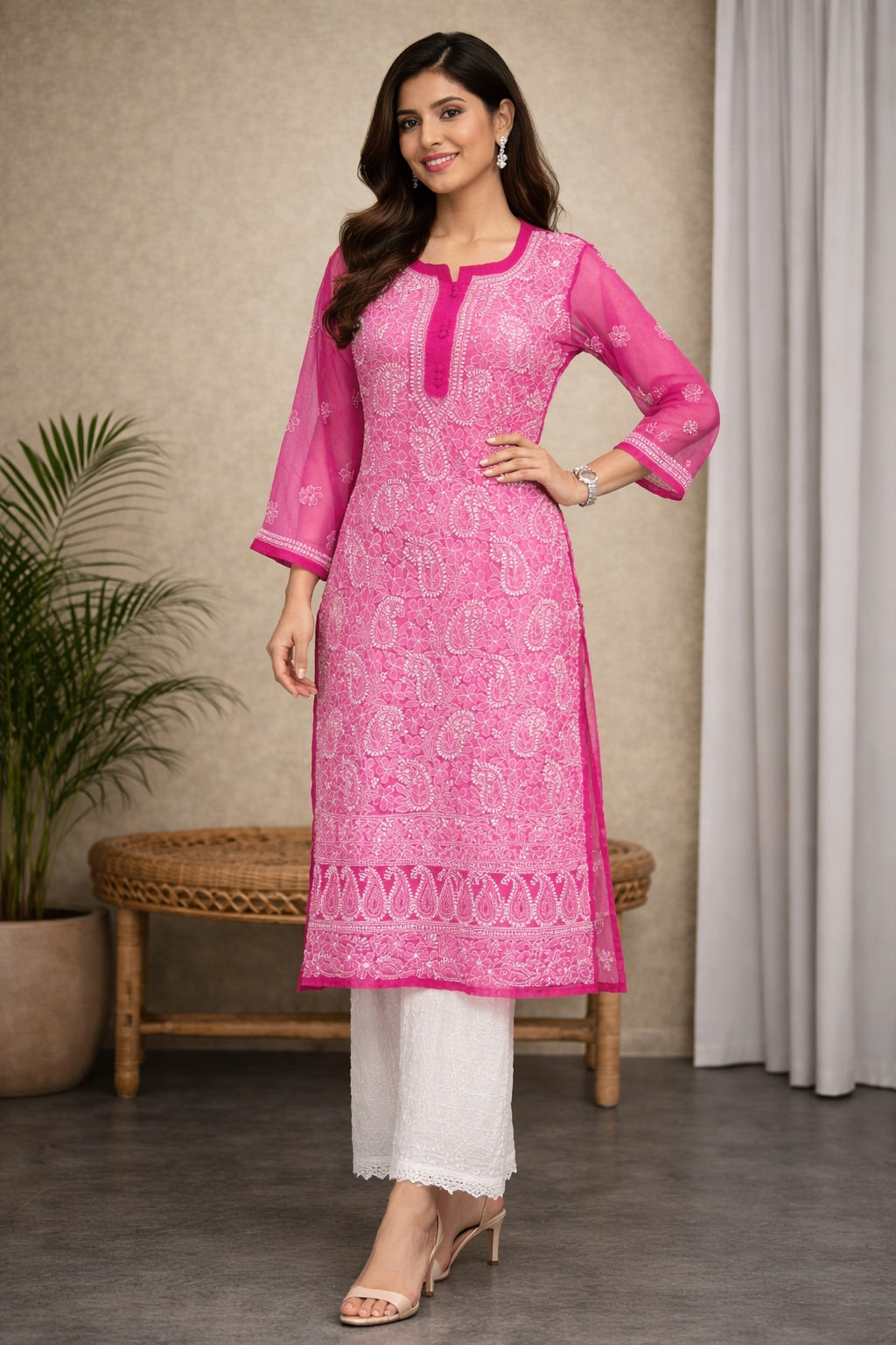 Karigiri Rani Pink Chikankari Georgette Kurti_KF0068