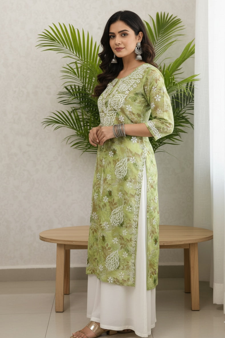 Karigiri Green Floral Lucknowi Chikankari Printed Cotton Kurta_KF0217