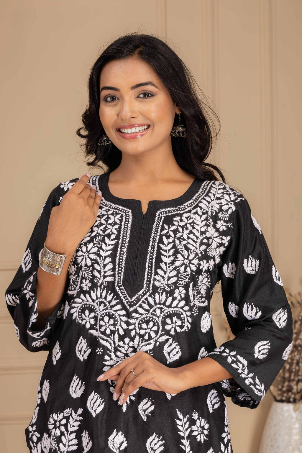 Karigiri Black Muslin Chikankari Hand Embroidered Kurti Set with White Floral Motifs, 3/4 Sleeves & Palazzo Pants