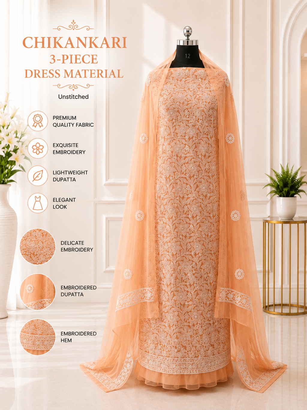 Karigiri Peach Chikankari Soft Georgette 3-Piece Dress Material