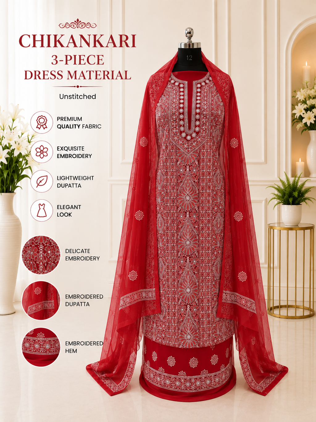 Karigiri Red Chikankari Georgette Unstitched Dress Material