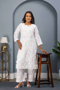 Karigiri White Chikankari Hand Embroidered Muslin Kurti Set with Floral Motifs, 3/4 Sleeves