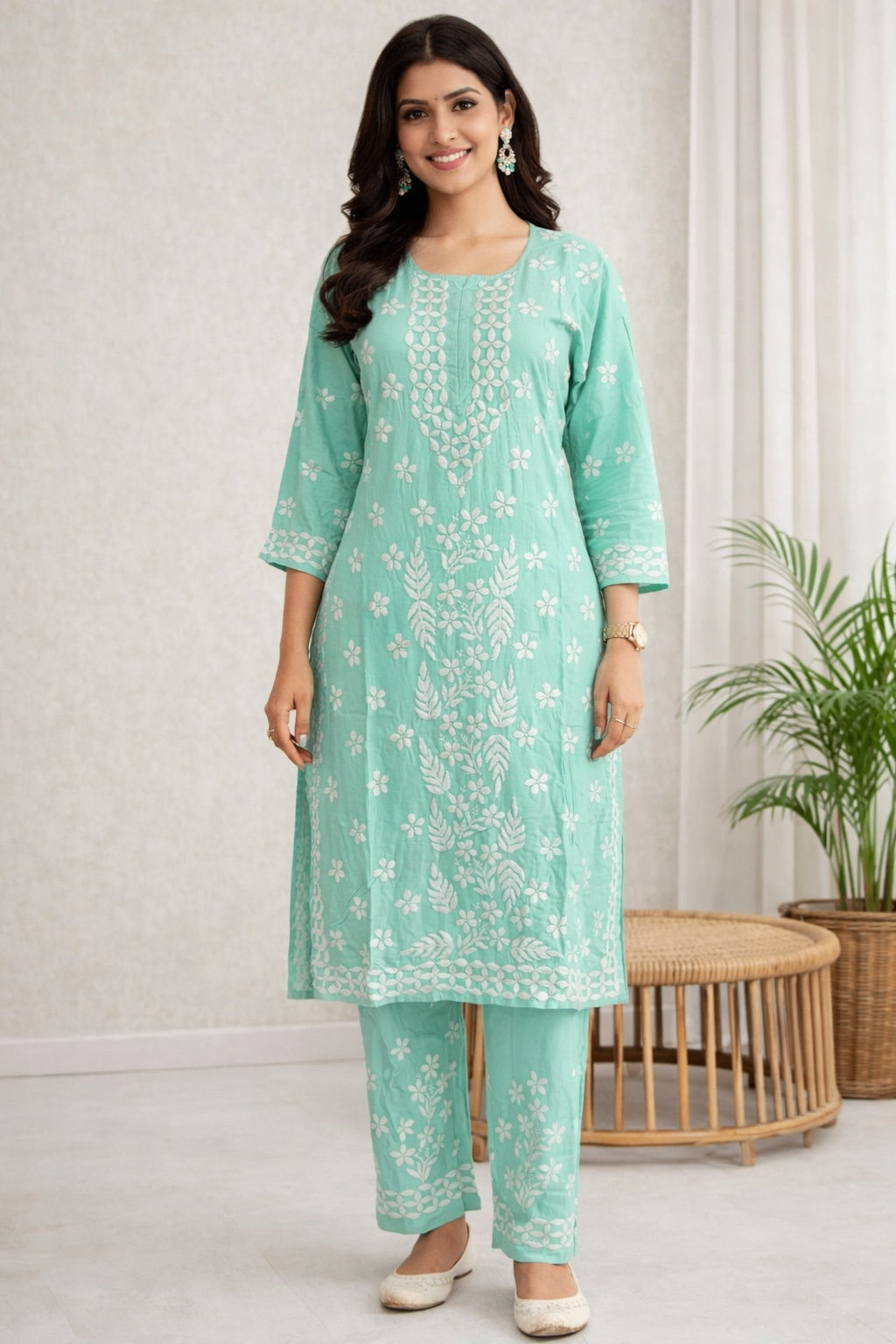 Karigiri Mint Green Chikankari Cotton Kurti Set_KF0126