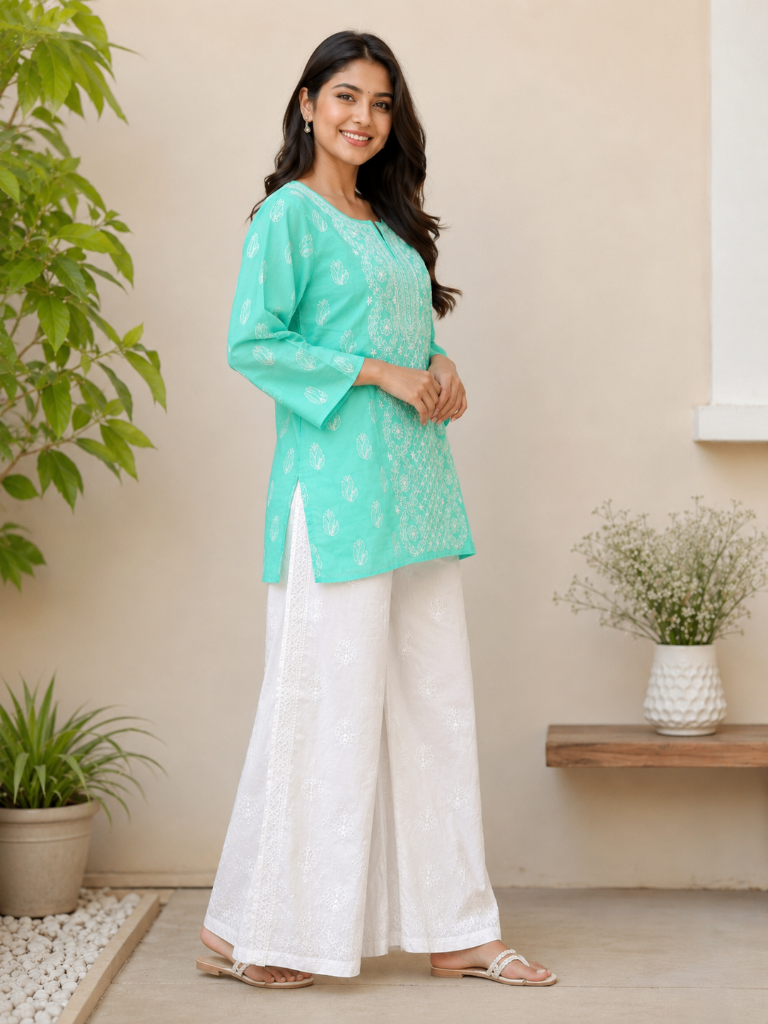 Karigiri Mint Green Hand Embroidered Chikankari Cotton Short Kurti_KF0303