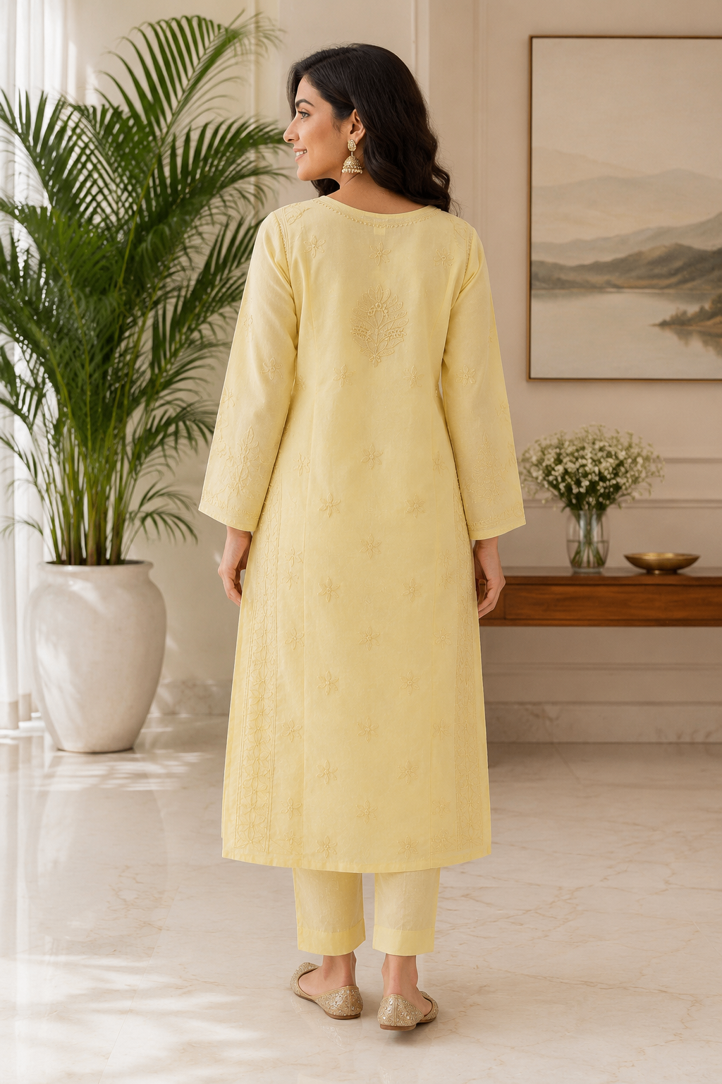 Karigiri Light Yellow Chikankari Cotton Kurti Women_KF0055