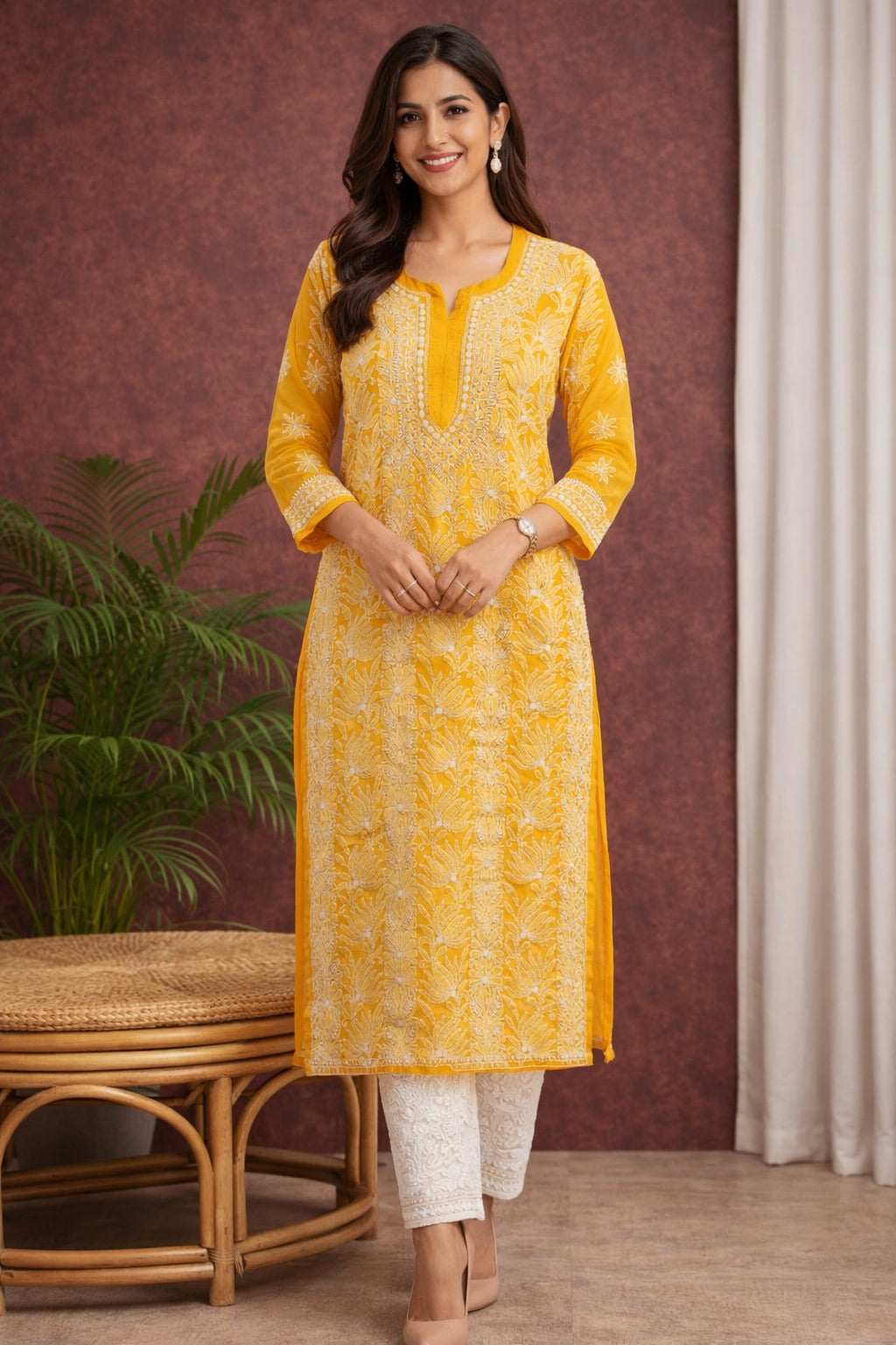 Karigiri Mustard Yellow Georgette Chikankari Kurti Women_KF0132