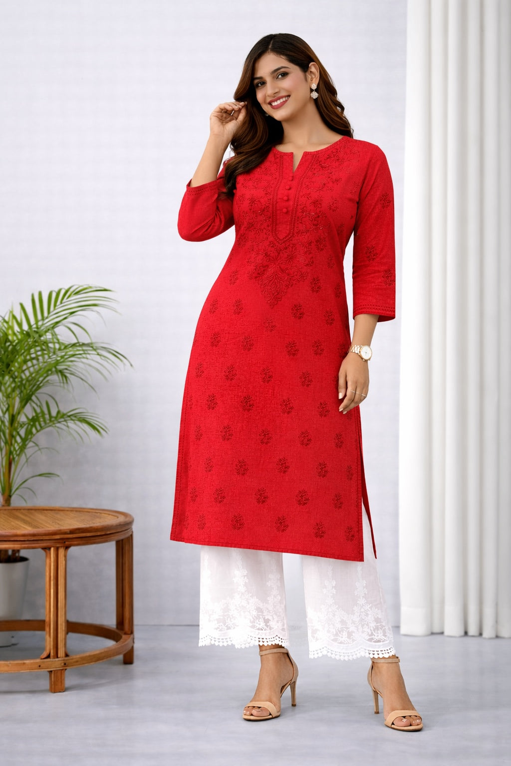 Karigiri Red Lucknowi Chikankari Cotton Kurti Women_KF0064