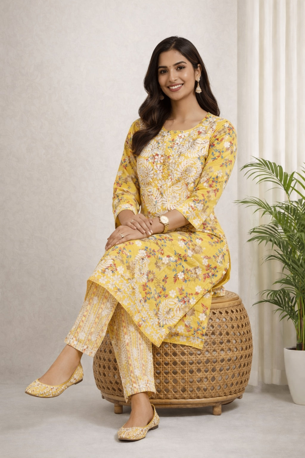 Karigiri Yellow Chikankari Printed Cotton Kurti Set_KF0185