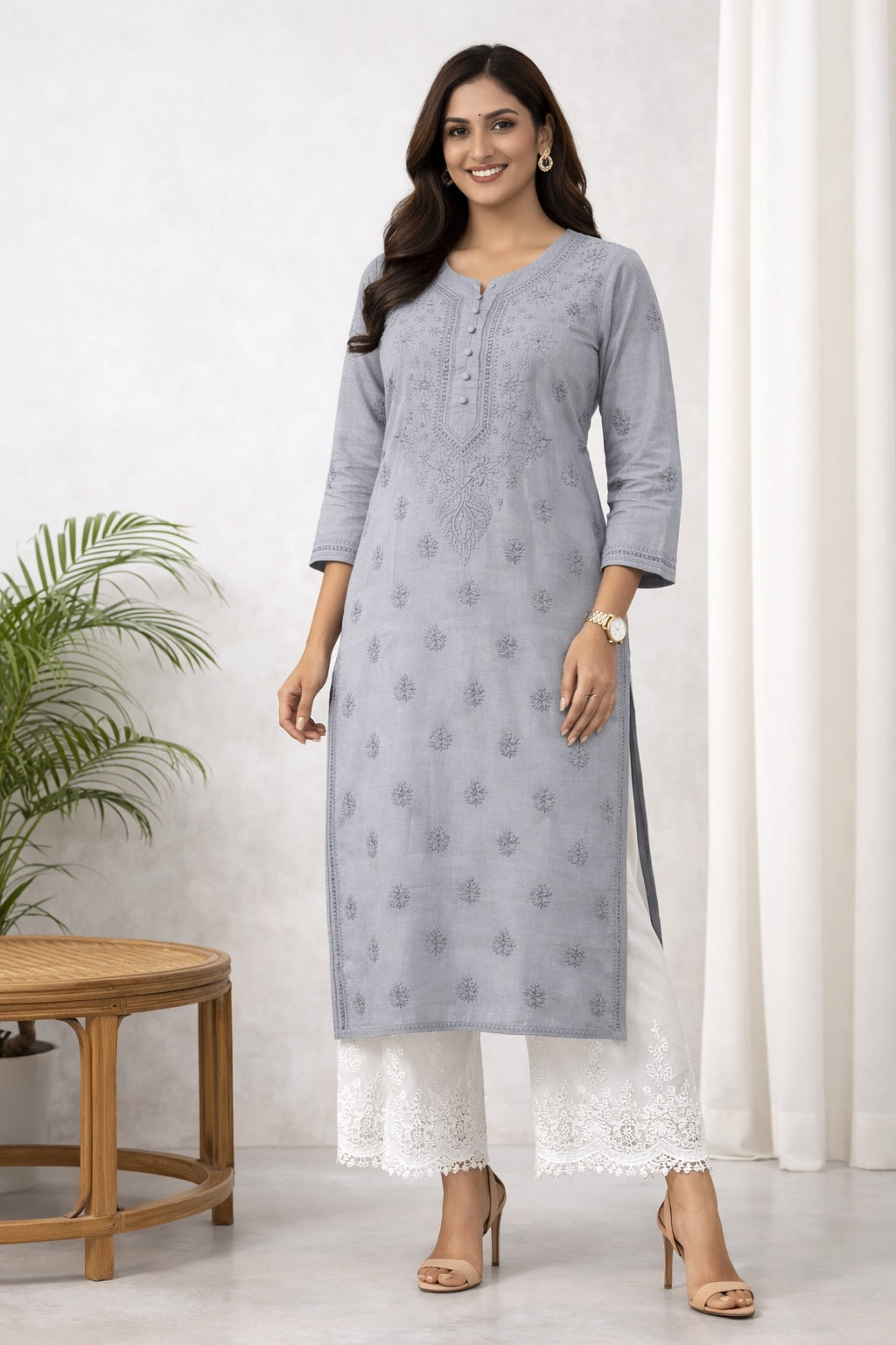 Karigiri Slate Grey Chikankari Cotton Kurti Women_KF0084