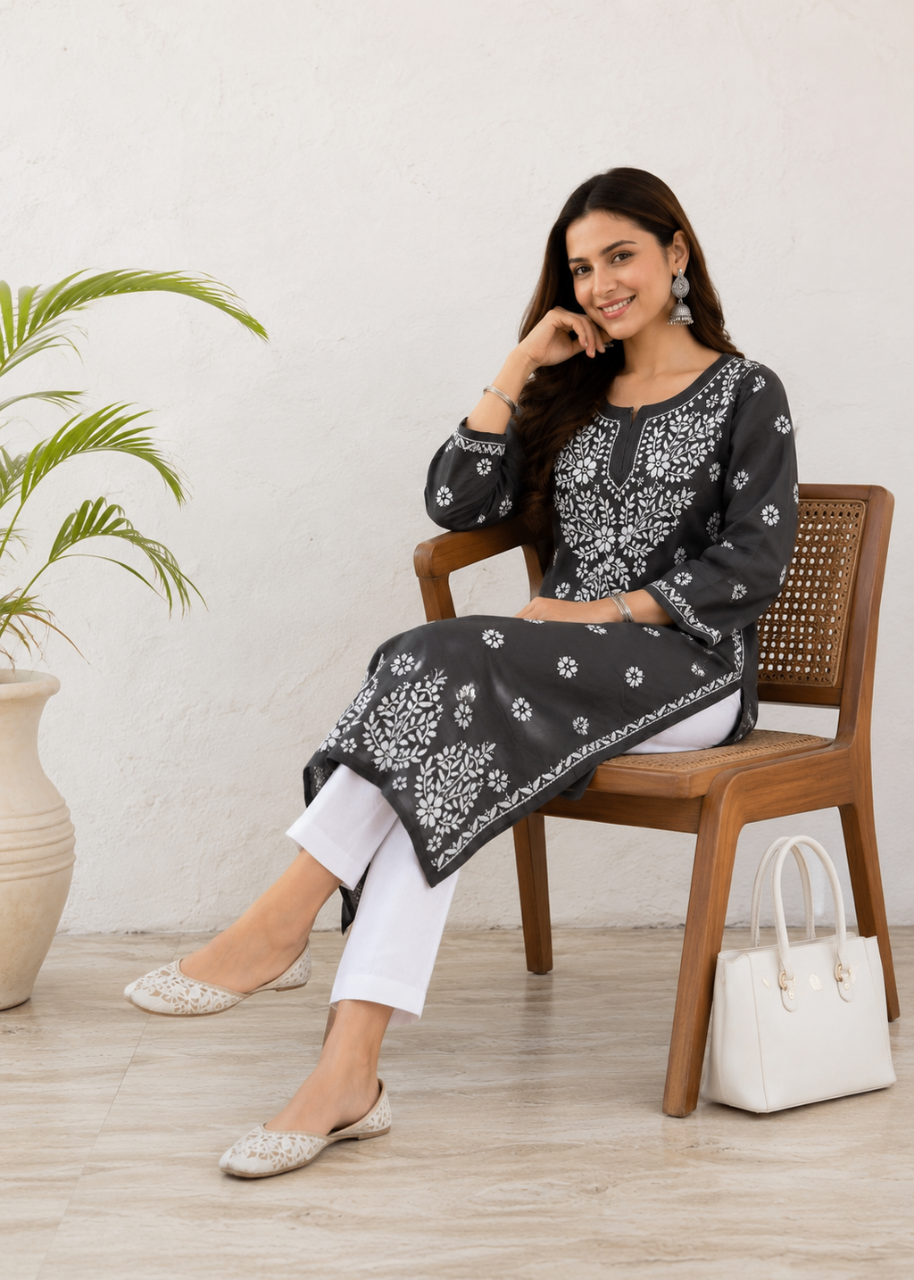 Karigiri Dark Grey Lucknowi Chikankari Hand Embroidered Soft Mulmul Cotton Straight Kurti for Women | Calf Length | 3/4 Sleeve_KFDG0413