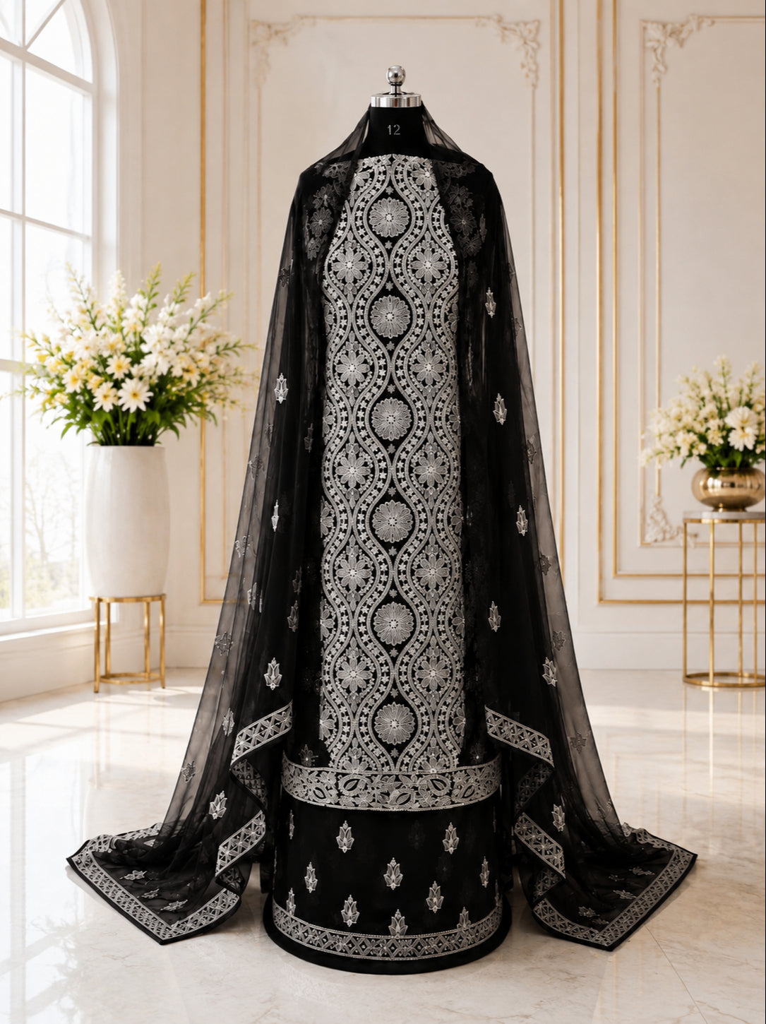 Karigiri Black Hand Embroidered Georgette 3-Piece Suit_AFG059