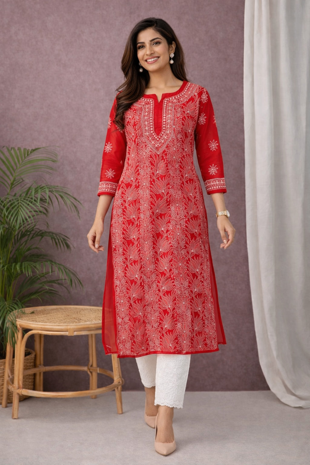 Karigiri Red Georgette Chikankari Jaaldar Kurti_KF0051