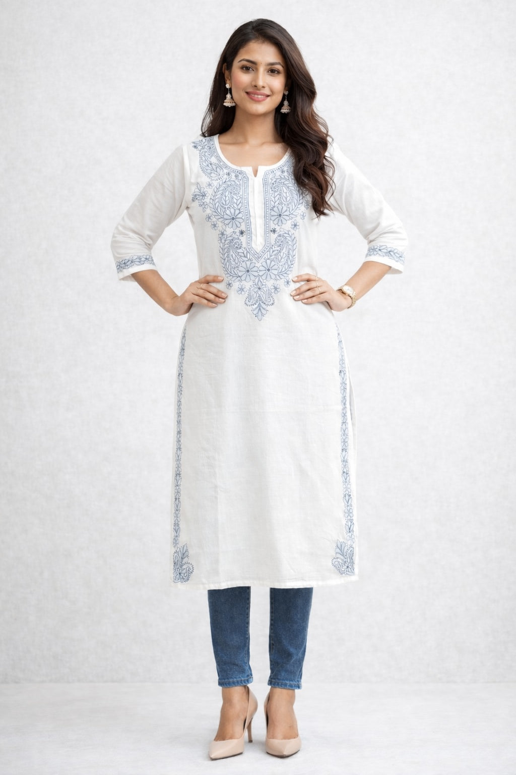 Karigiri White Chikankari Cotton Kurti Women_KF0107