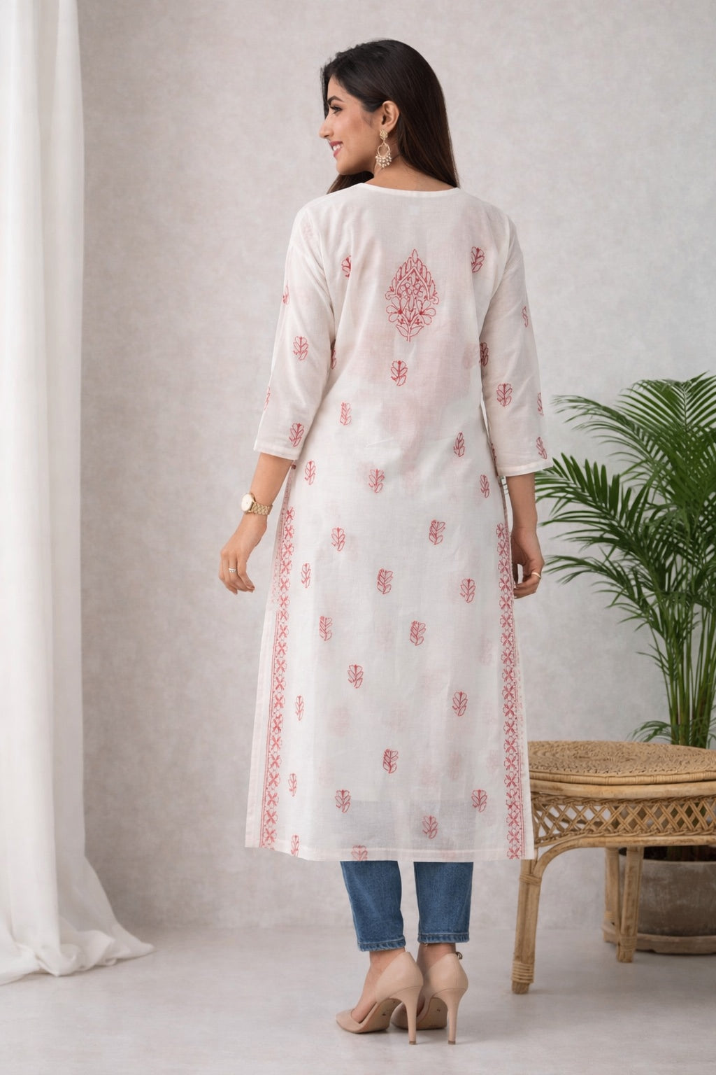 Karigiri White Coral Chikankari Cotton Kurti Women_KF0136
