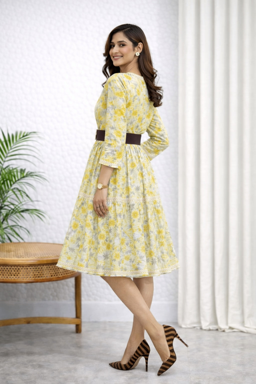 Karigiri Yellow Floral Chikankari Frock Kurti_KF0045