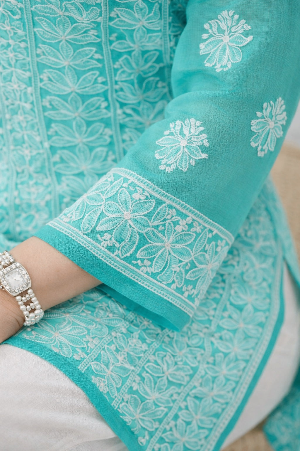 Karigiri Sea Green Chikankari Georgette Short Kurti_KF0178