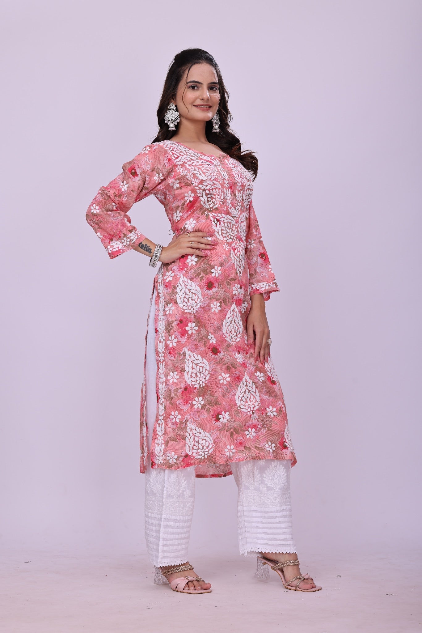 Karigiri Coral Pink Chikankari Printed Cotton Kurti_KF0028