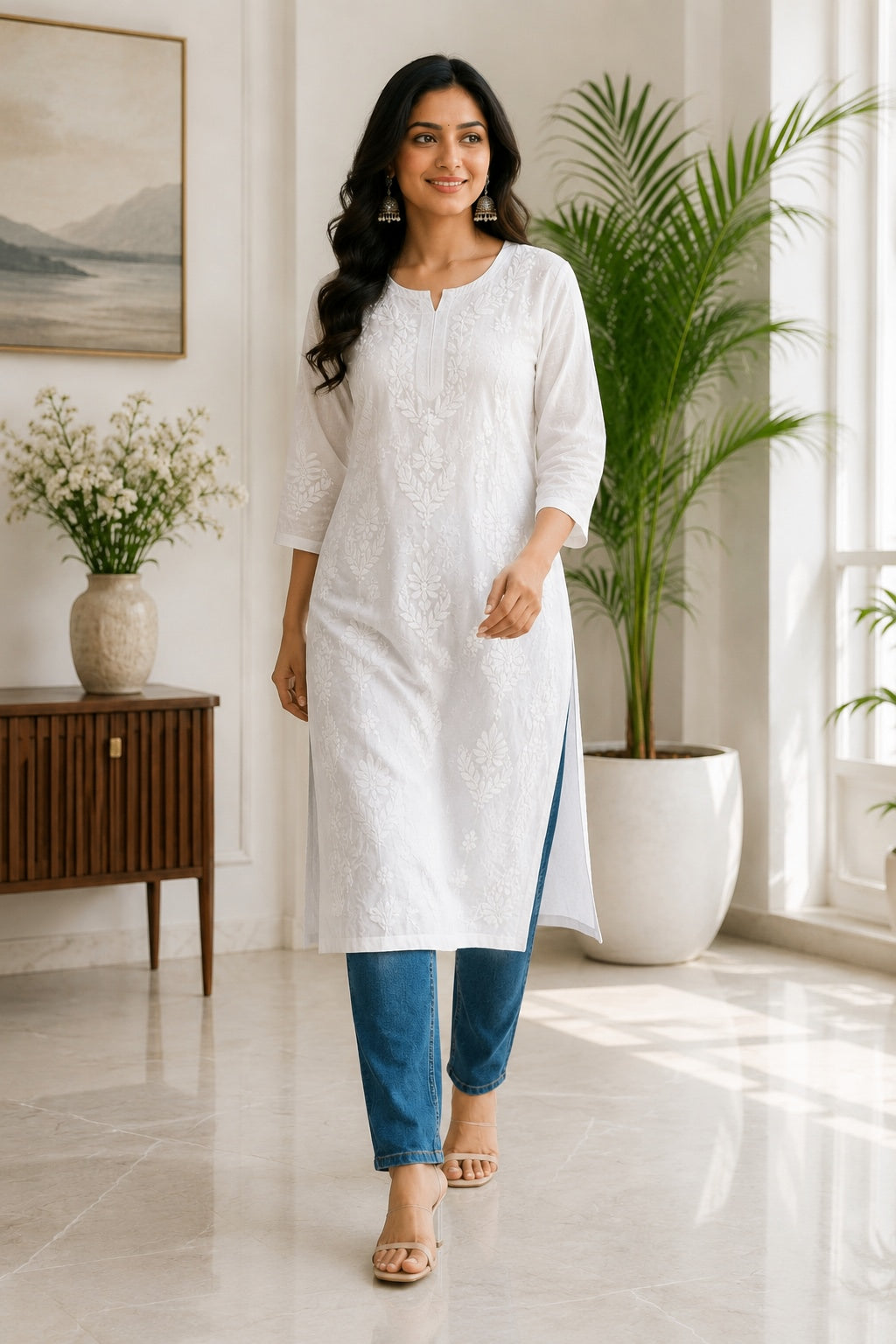 Karigiri White Lucknowi Chikankari Mulmul Cotton Kurti_KF0202