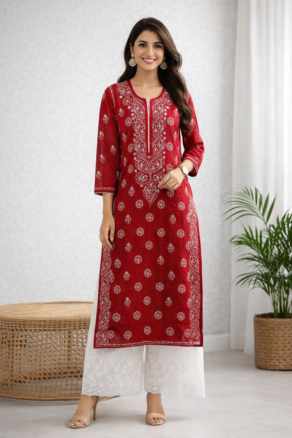 Karigiri Red Chikankari Rayon Cotton Kurti Women_KF0098