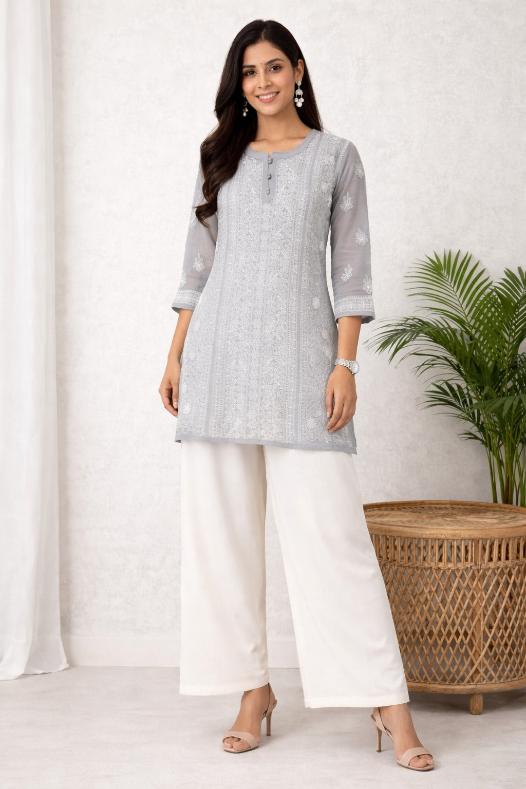 Karigiri Grey Georgette Chikankari Short Kurti_KF0043
