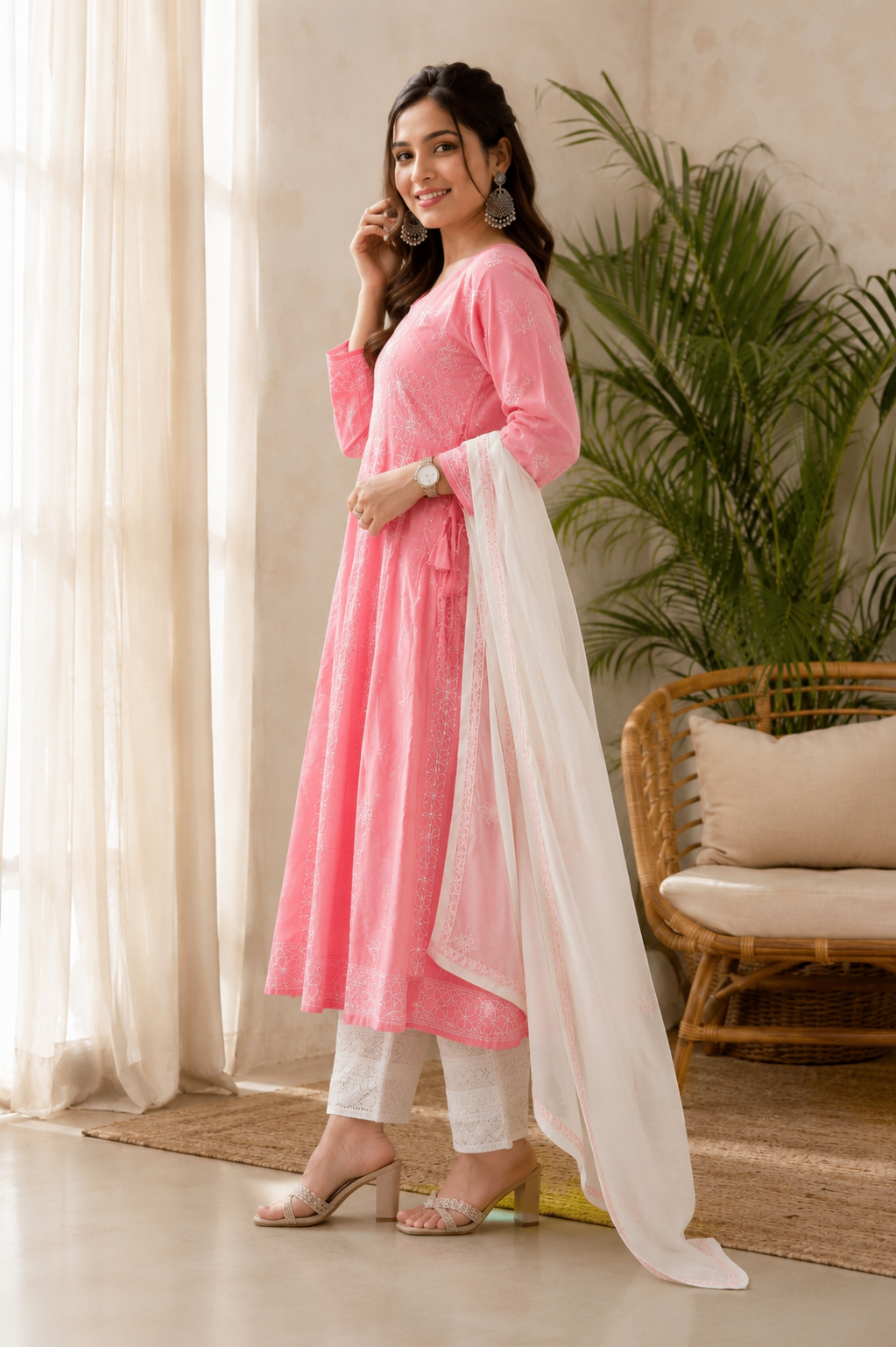 Karigiri Candy Pink Hand Embroidered Chikankari Cotton Anarkali Kurti