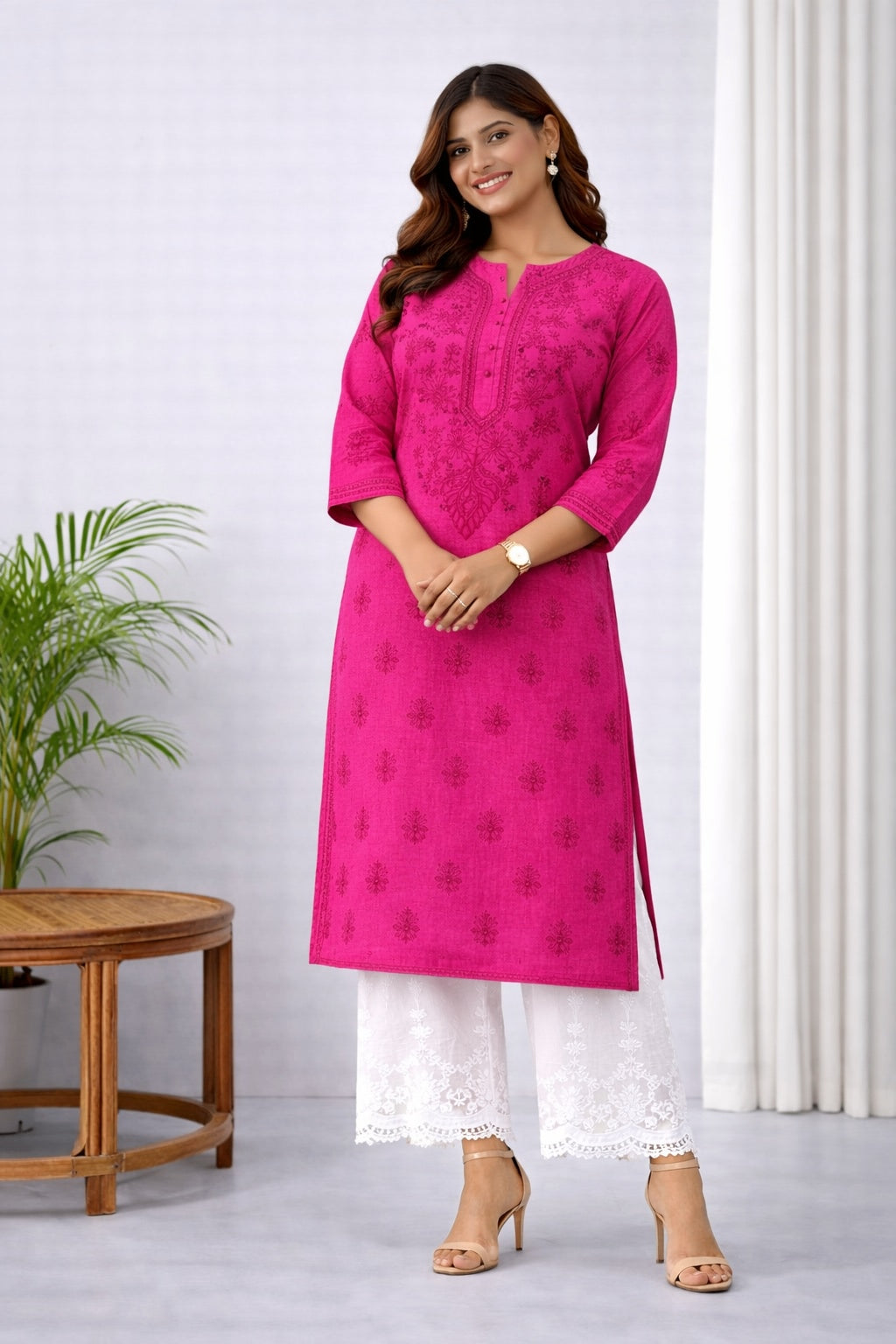 Karigiri Fuchsia Pink Chikankari Cotton Kurti_KF0050