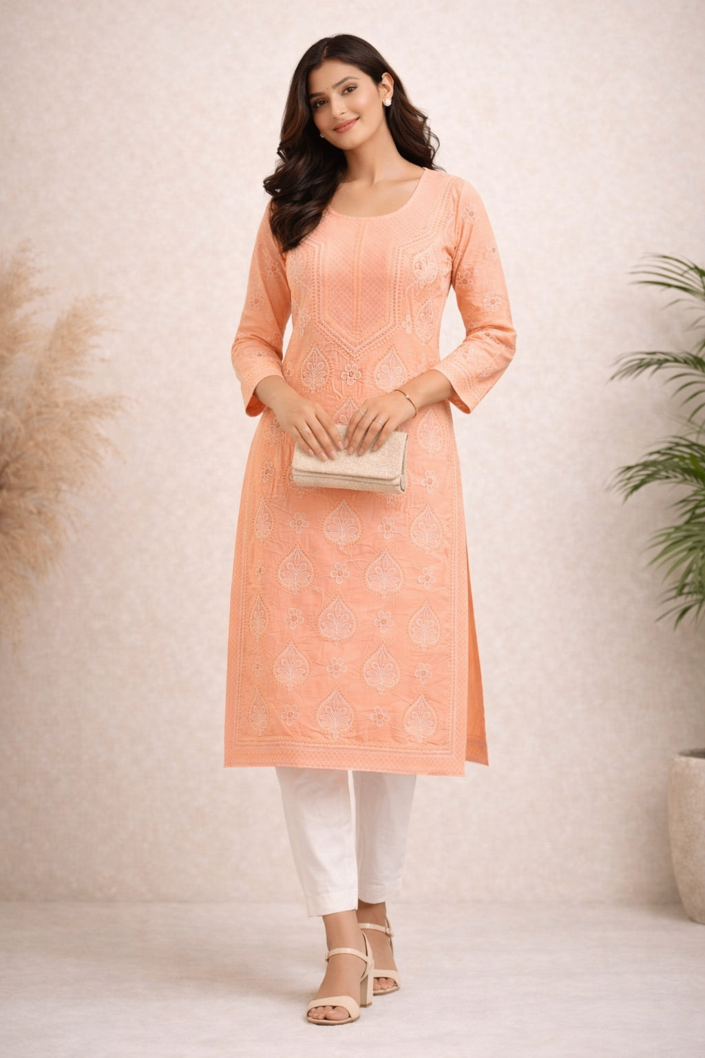 Karigiri Peach Chikankari Cotton Kurti Women_KF0092