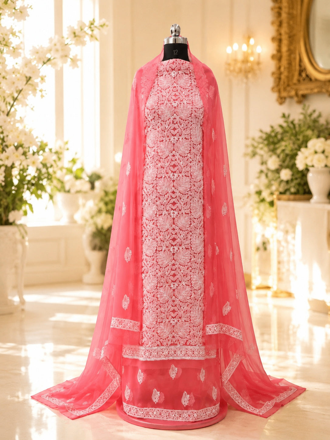 Karigiri Coral Pink Hand Embroidered Georgette 3-Piece Set_AFG045