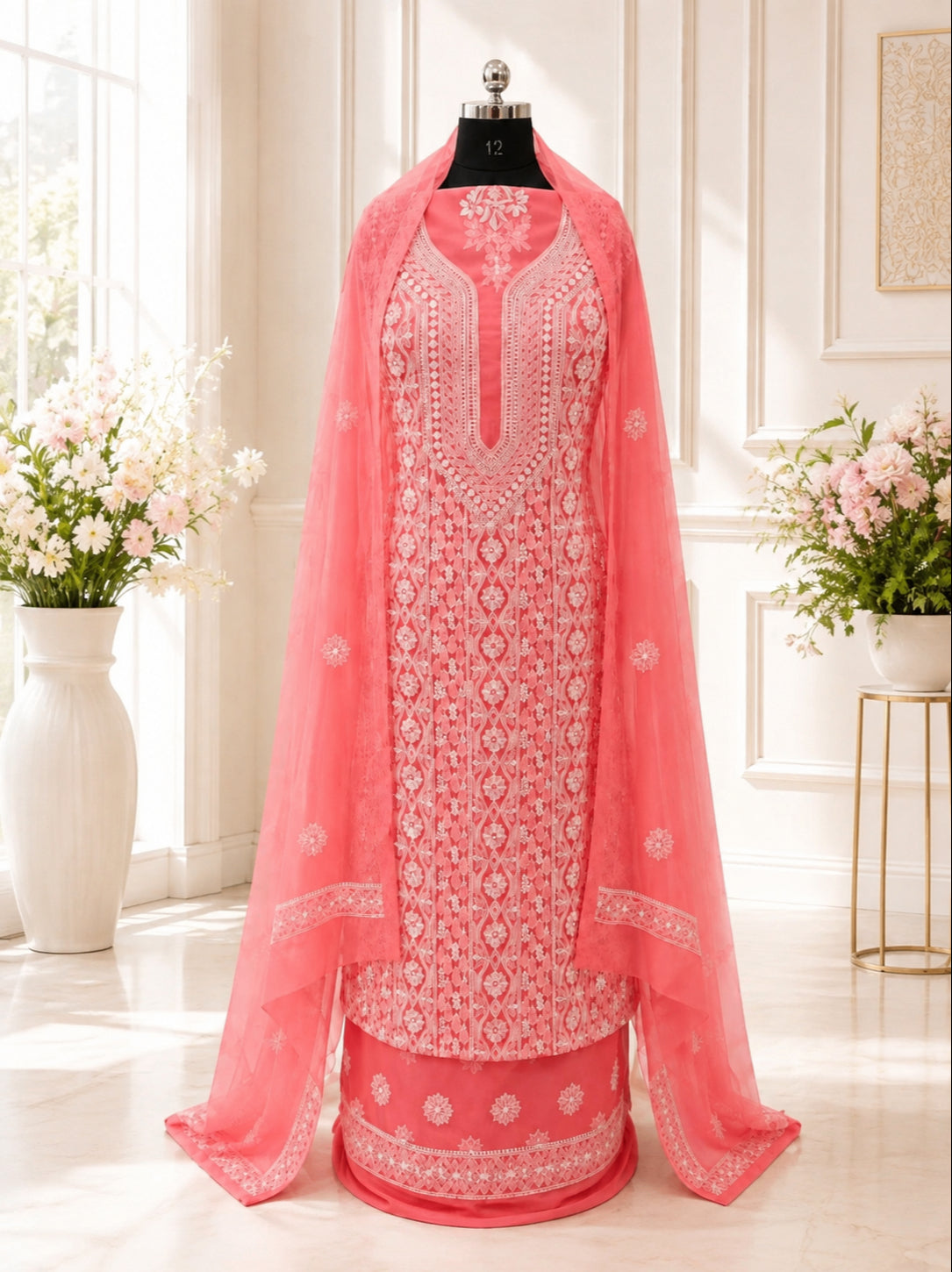 Karigiri Coral Pink Hand Embroidered Georgette Suit_AFG048