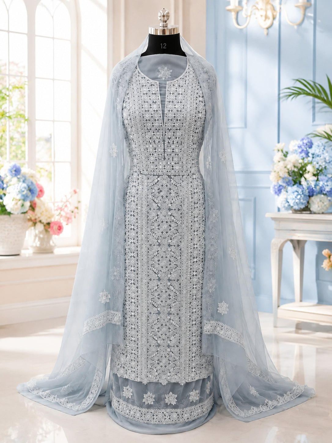 Karigiri Ice Blue Hand Embroidered Georgette Chikankari Suit_AFG033