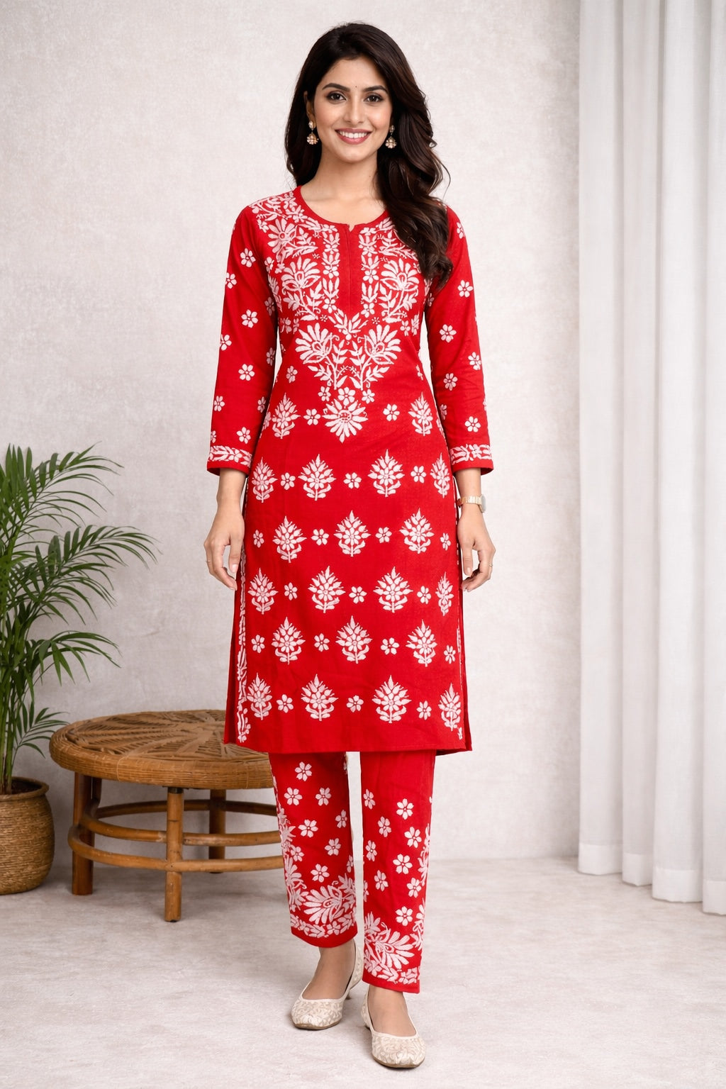 Karigiri Red Floral Chikankari Kurti Set Soft Mulmul Cotton_KF0170