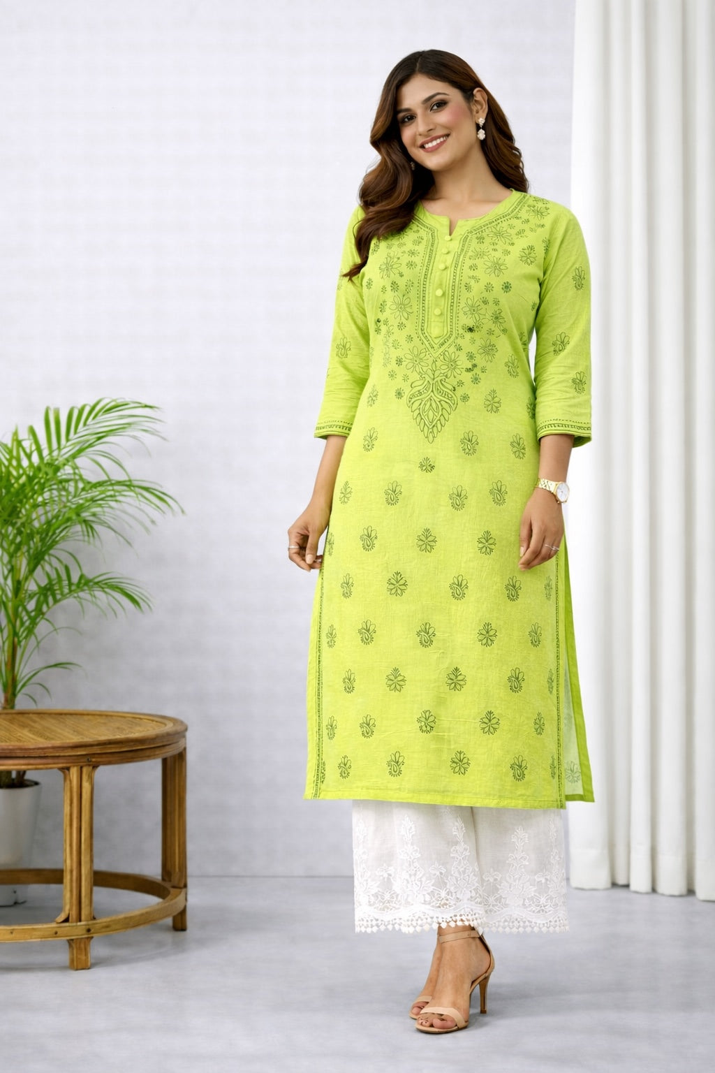 Karigiri Lime Green Chikankari Cotton Kurti Women_KF0080