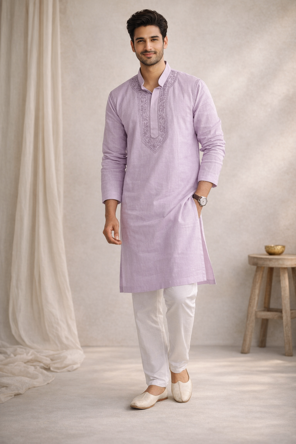 Karigiri Light Lavender Chikankari Cotton Men's Kurta_KF0034