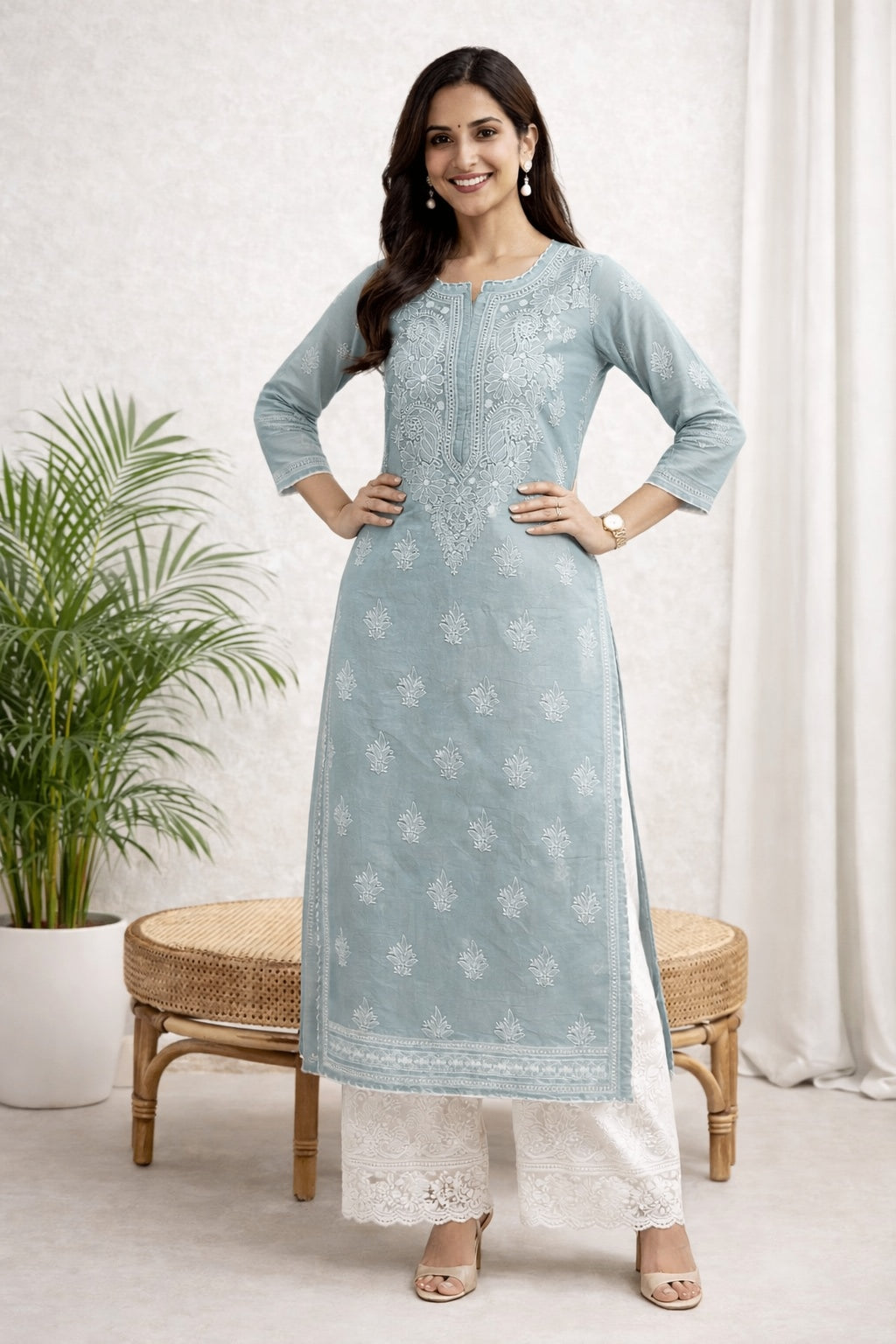 Karigiri Grey Chikankari Cotton Kurti Crosia Work_KF0037