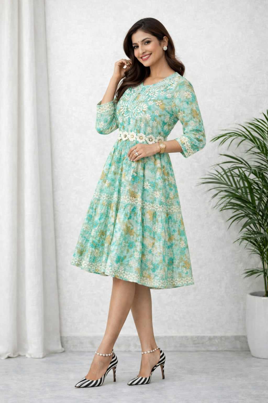 Karigiri Turquoise Blue Floral Printed Cotton Chikankari Frock Kurta_KF0160