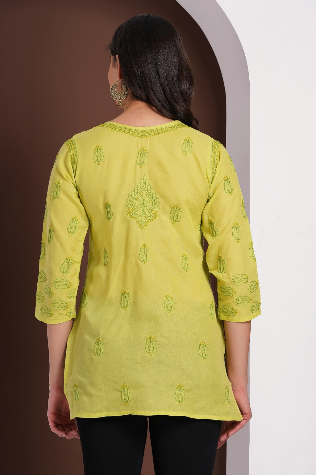Karigiri Lime Green Chikankari Hand Embroidered Pure Cotton Short Kurti