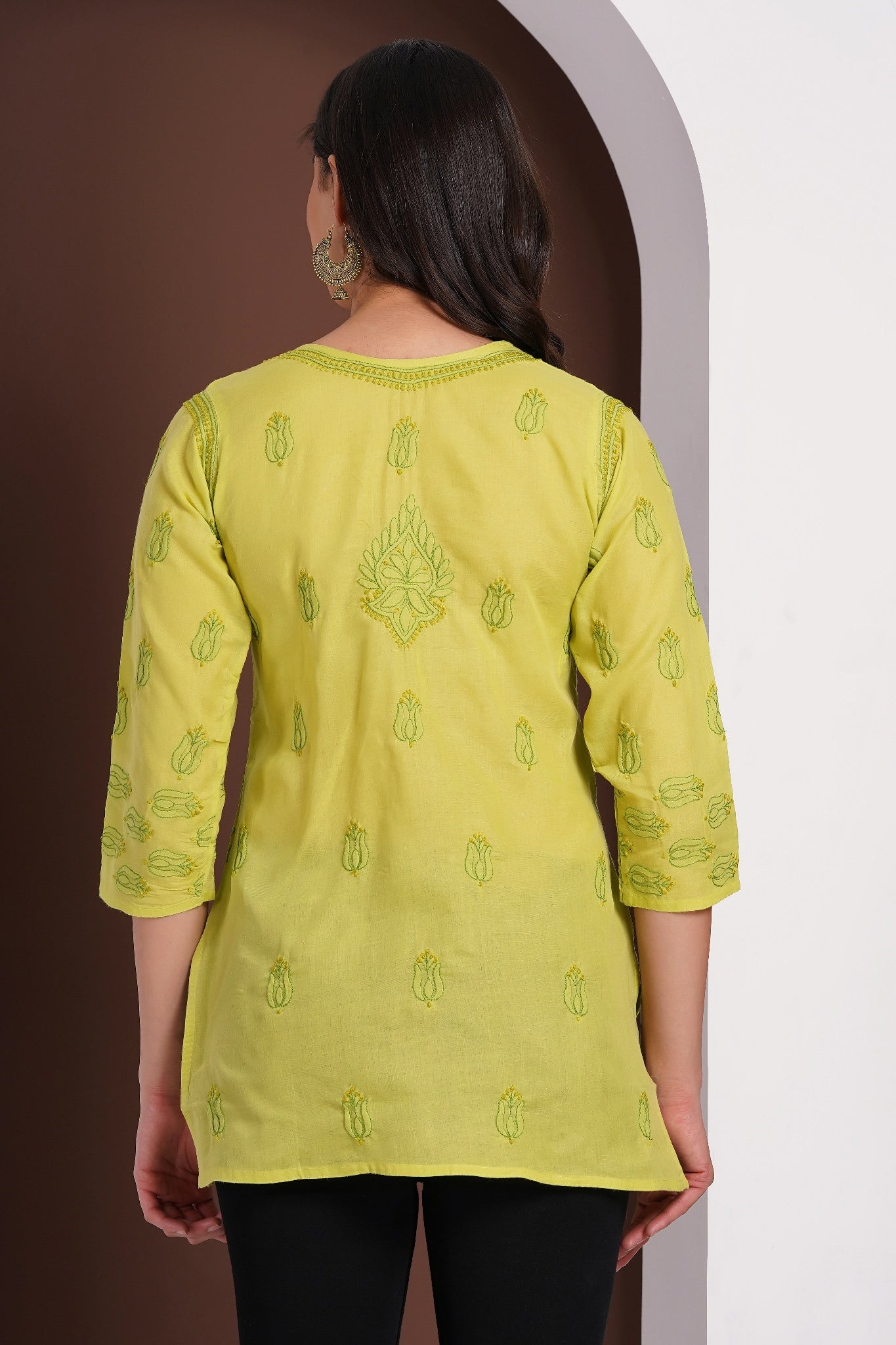 Karigiri Lime Green Chikankari Hand Embroidered Pure Cotton Short Kurti