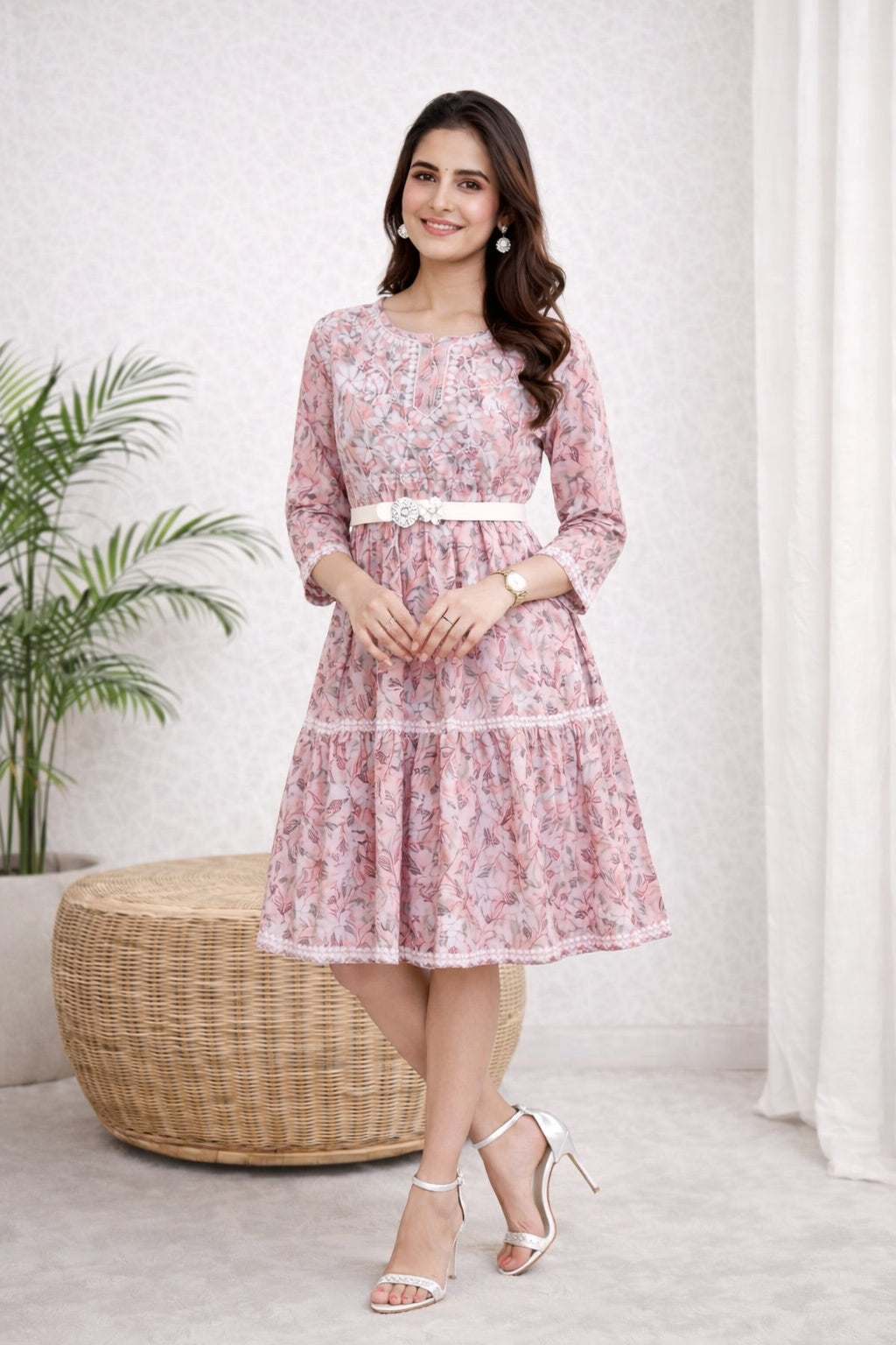 Karigiri Pink Lucknowi Chikankari Floral Printed Cotton Kurti_KF0212