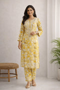 Karigiri Yellow Floral Lucknowi Chikankari Long Calf Length Kurti Set (Kurti with Same Pant), Hand Embroidered Printed Cotton, Straight Fit, Three-Quarter Sleeves, Round Neck