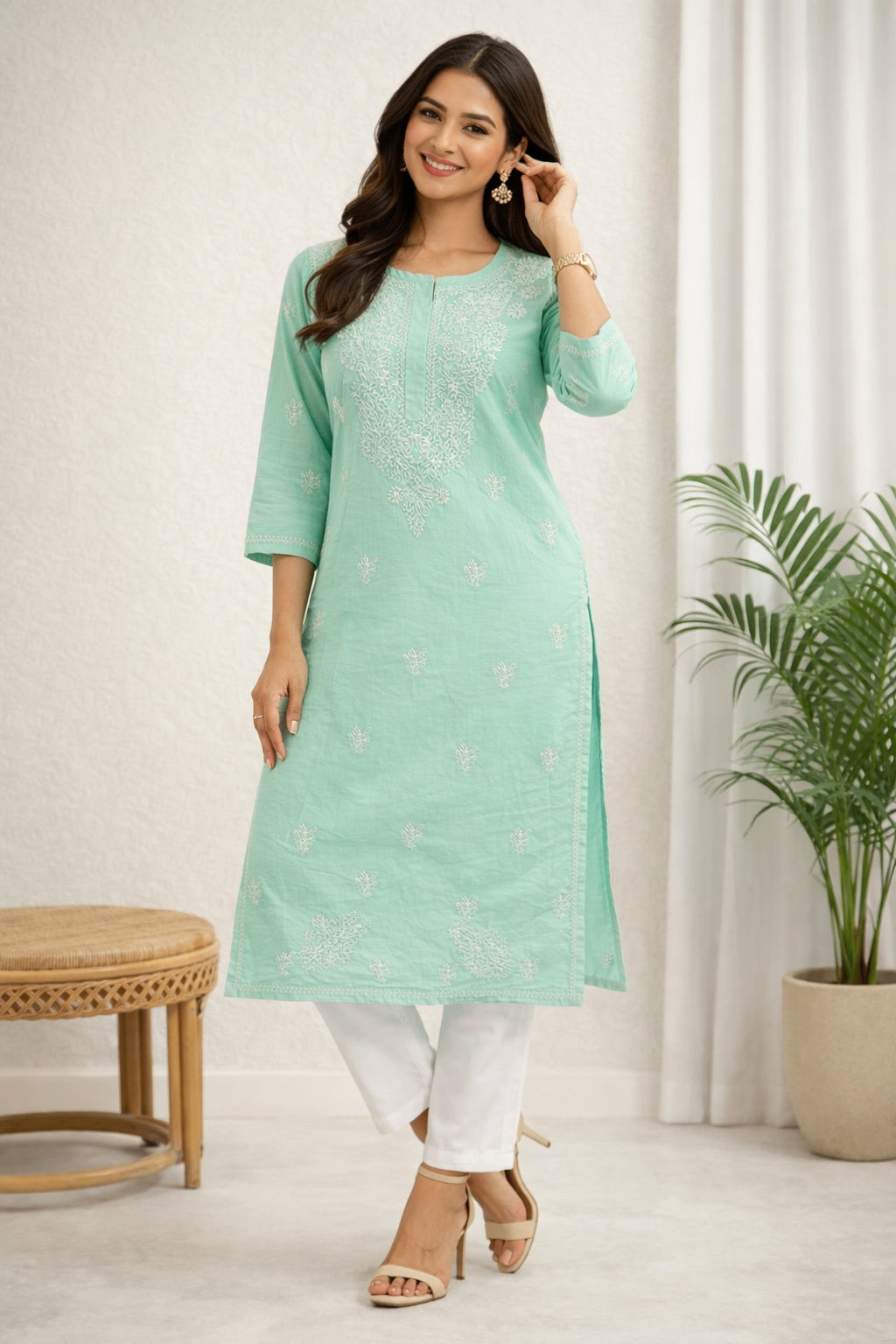 Karigiri Mint Green Chikankari Cotton Kurti_KF0129