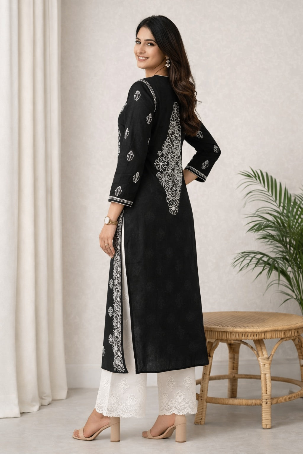Karigiri Black Chikankari Rayon Cotton Kurti Women_KF0101